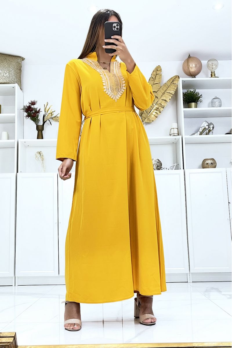 Long mustard dress with long sleeves and embroidery on the collar - 3