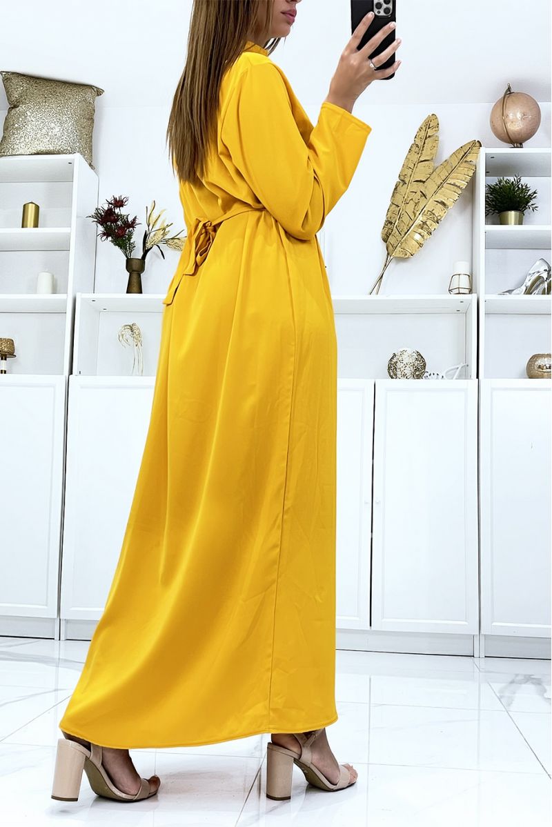 Lange mosterdkleurige jurk met lange mouwen en borduursel op de kraag - 4