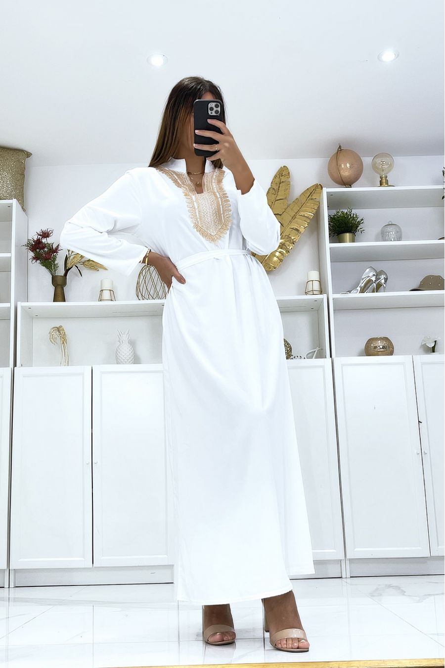 Long white dress with long sleeves and embroidery on the collar - 2
