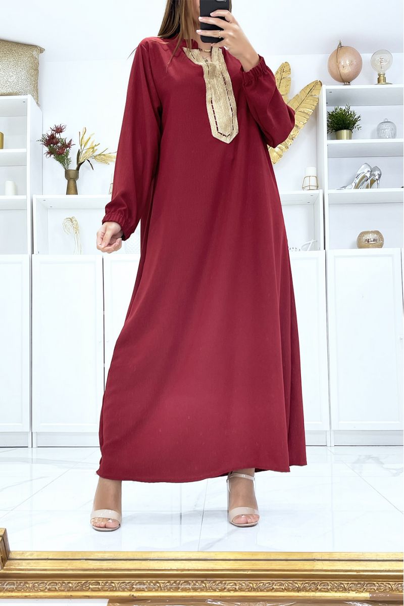 Burgundy dress with long sleeves and gold embroidered collar - 1