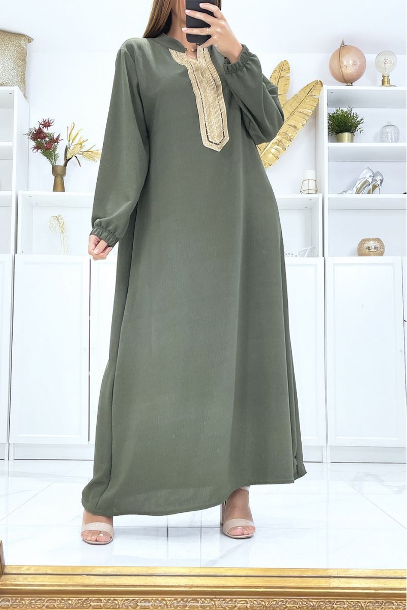 Khaki dress with long sleeves and gold embroidered collar - 1