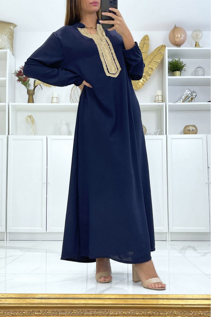 Navy dress with long sleeves and gold embroidered collar - 2