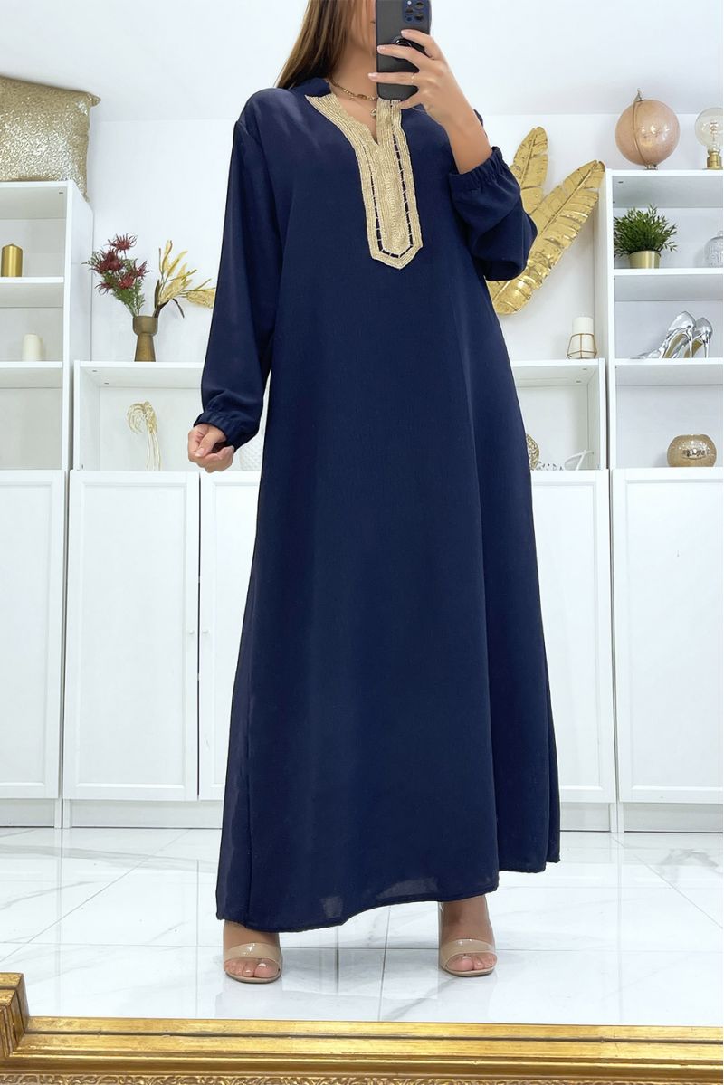 Navy dress with long sleeves and gold embroidered collar - 3