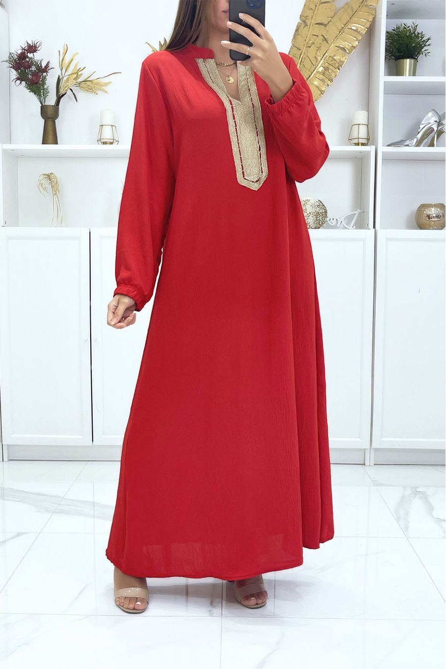 Red dress with long sleeves and gold embroidered collar - 1
