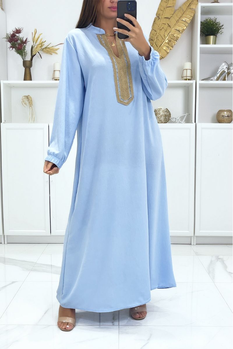 Turquoise dress with long sleeves and gold embroidered collar - 1