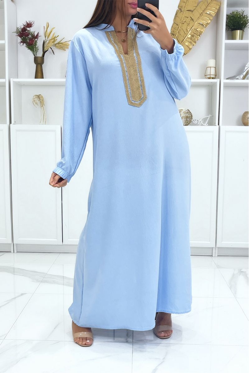 Turquoise dress with long sleeves and gold embroidered collar - 3