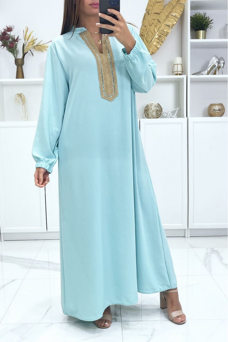 Water green dress with long sleeves and gold embroidered collar - 1