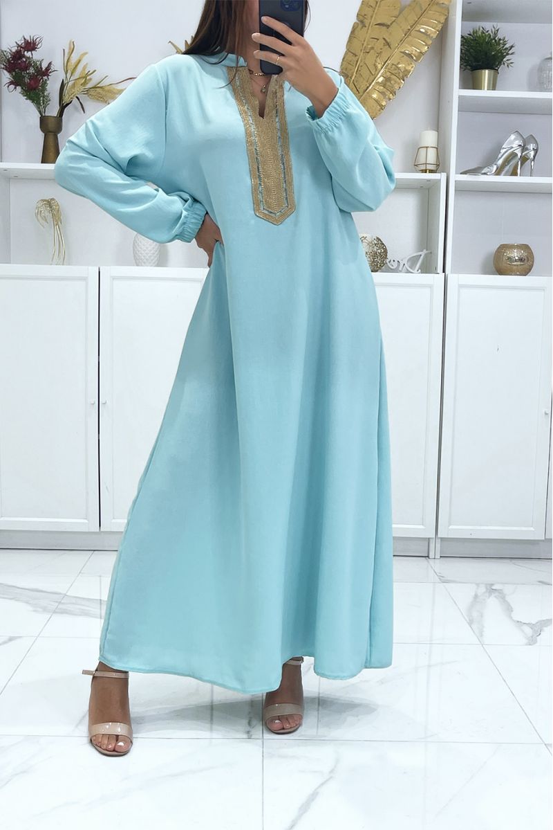 Water green dress with long sleeves and gold embroidered collar - 3