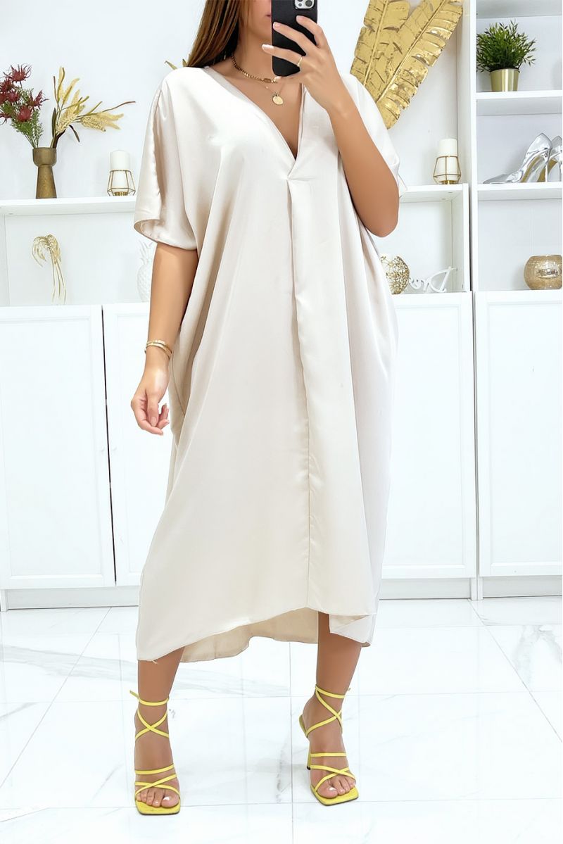 Beige Satin Plunging Neck Midi Dress - 1