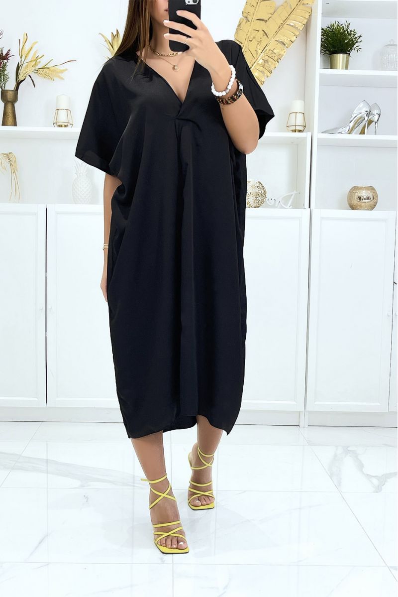 Black Satin Plunge Neck Midi Dress - 3