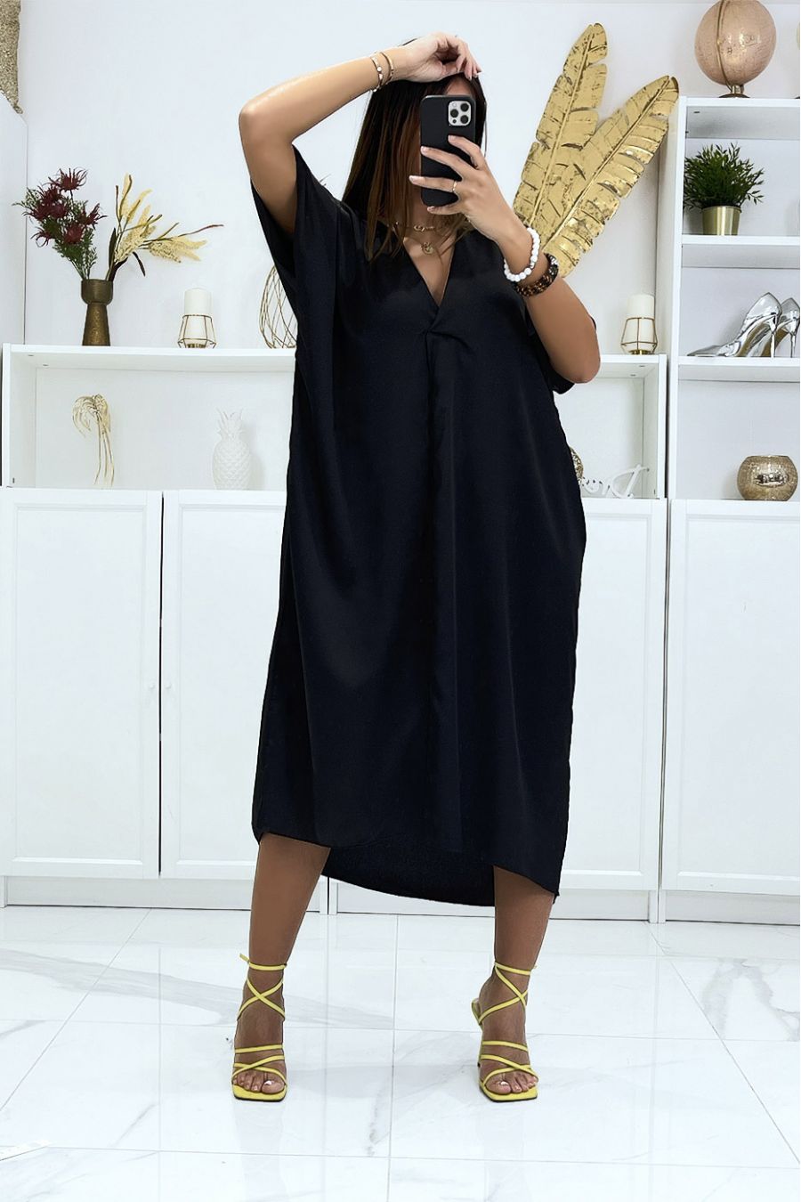 Black satin plunge outlet dress