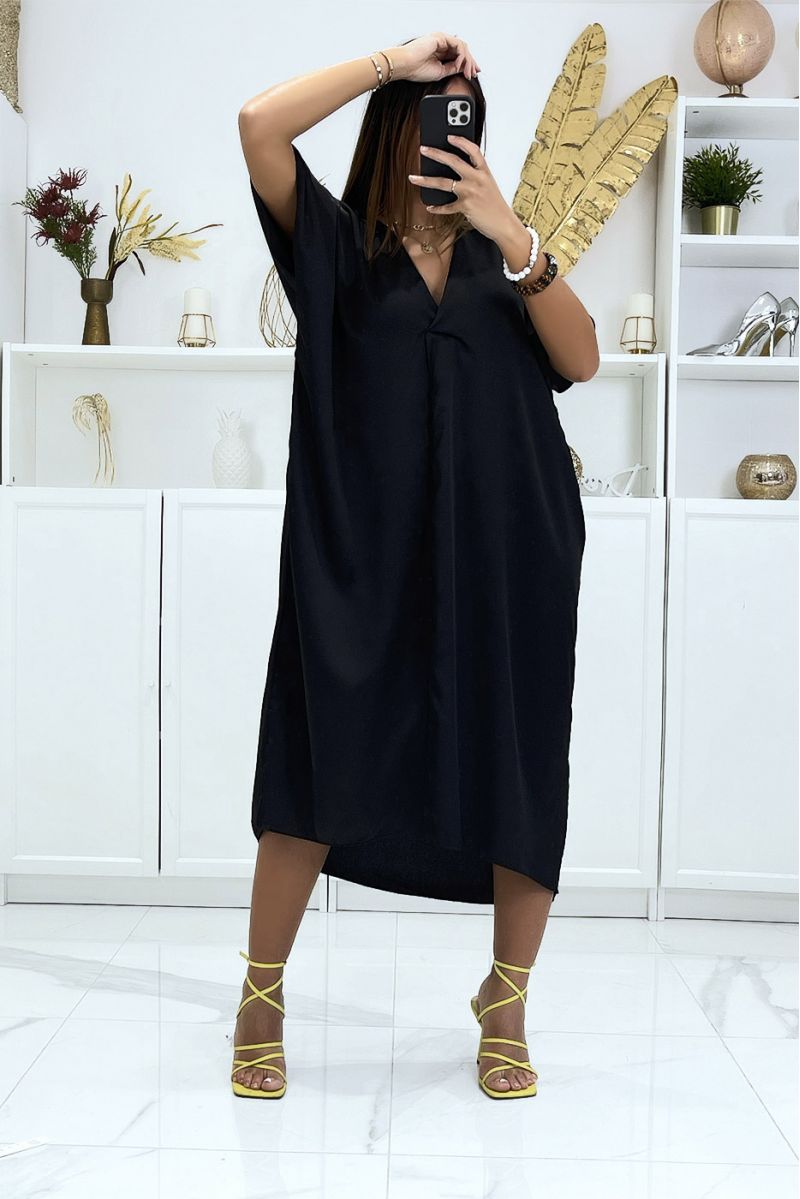 Black Satin Plunge Neck Midi Dress - 5