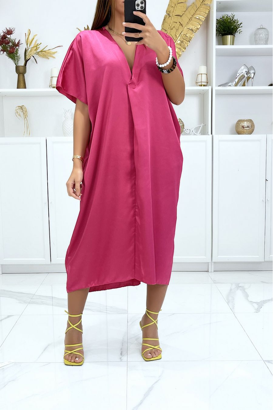 Fuchsia Satin Plunge Neck Midi Dress - 1