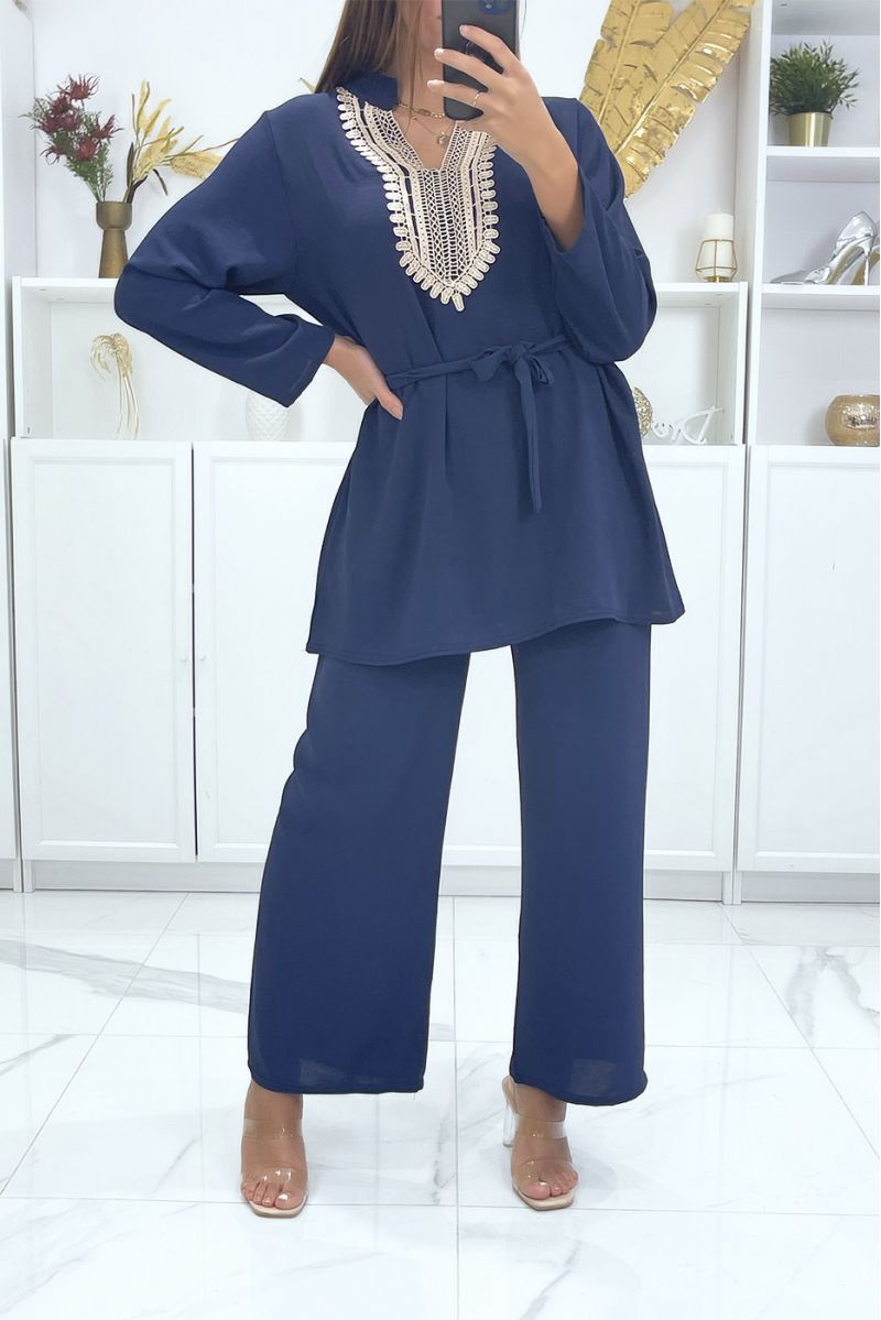 Navy set with oriental details tunic and pants - 3