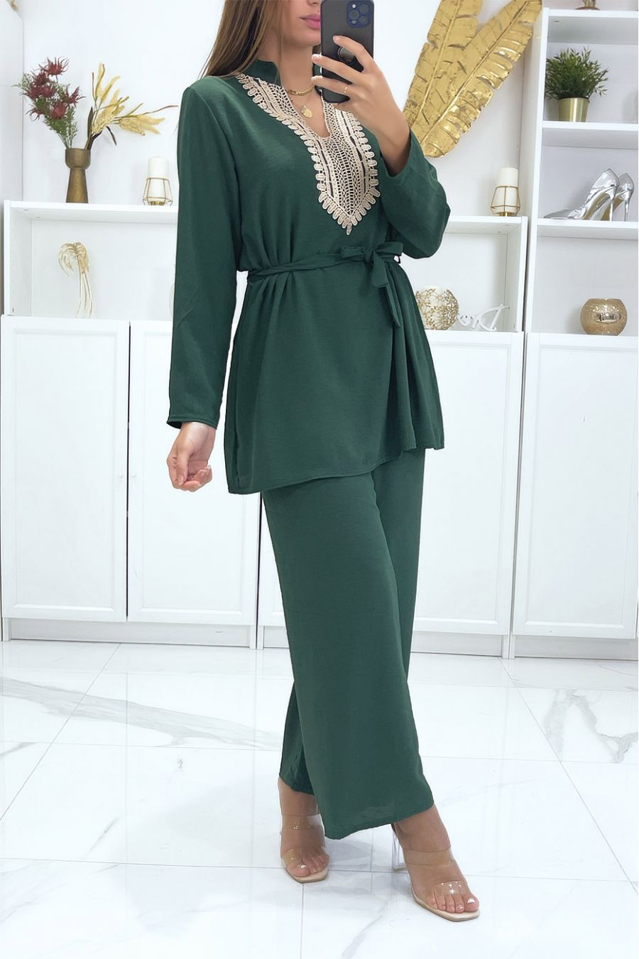 Ensemble vert sapin à détails orientaux tunique et pantalon - 2