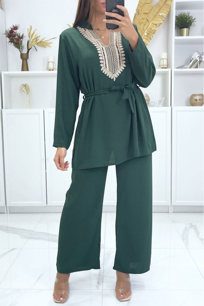 Dennengroene tuniek en broek set met oosterse details - 4