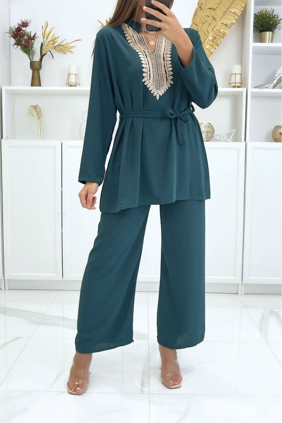 Teal tunic and pants set with oriental details - 1