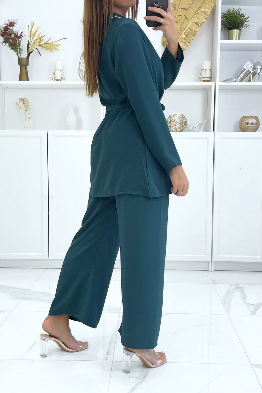 Ensemble bleu canard à détails orientaux tunique et pantalon - 2