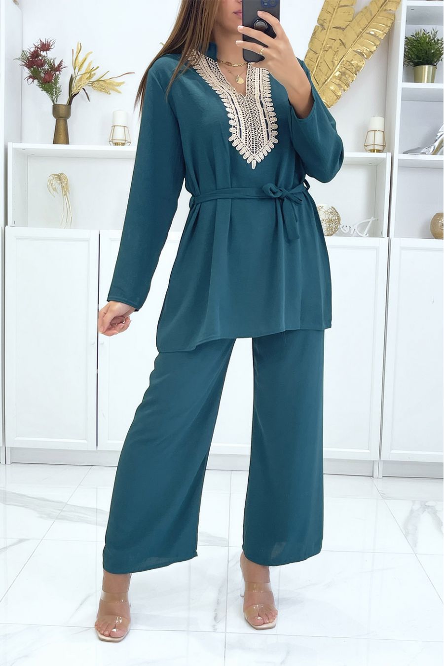 Teal tunic and pants set with oriental details - 4