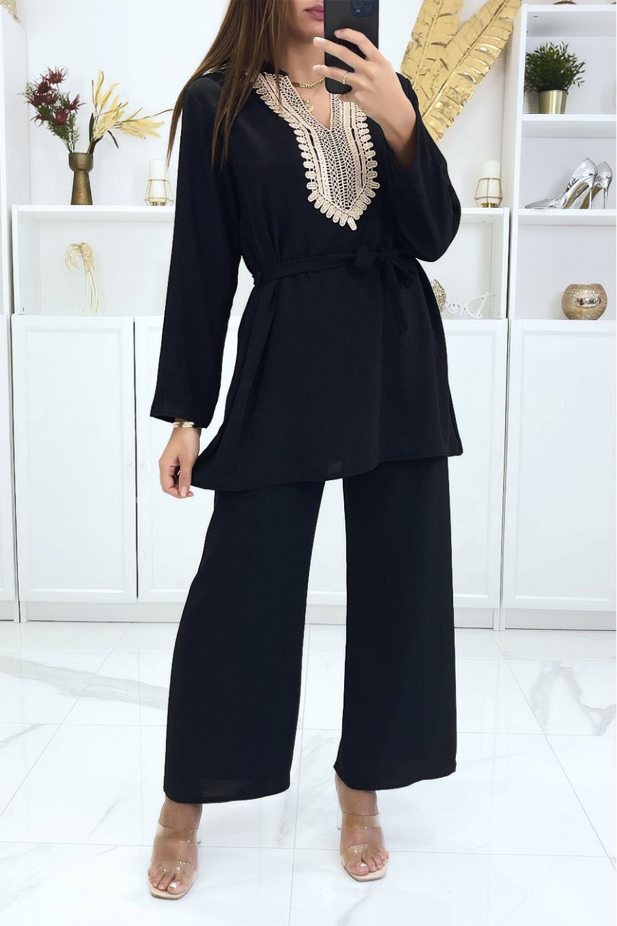 Ensemble noir à détails orientaux tunique et pantalon - 4