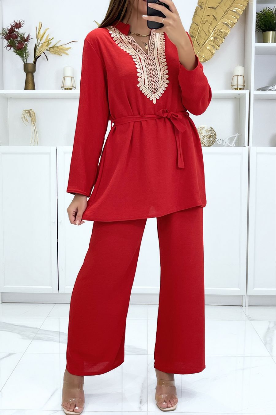 Red set with oriental details tunic and pants - 3