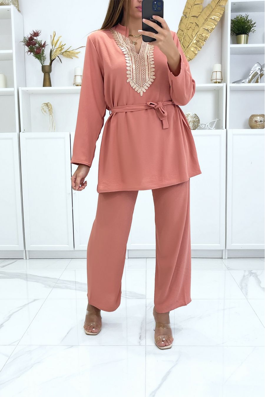 Roze setje met oriëntaalse details tuniek en broek - 3