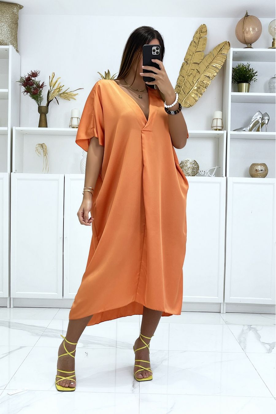 Orange Satin Plunge Neck Midi Dress - 5