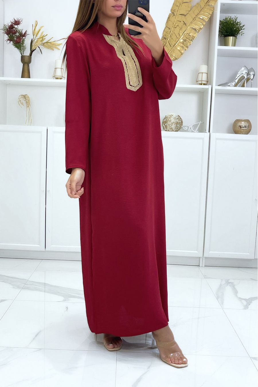 Long burgundy abaya with long sleeves and golden embroidery on the collar - 2