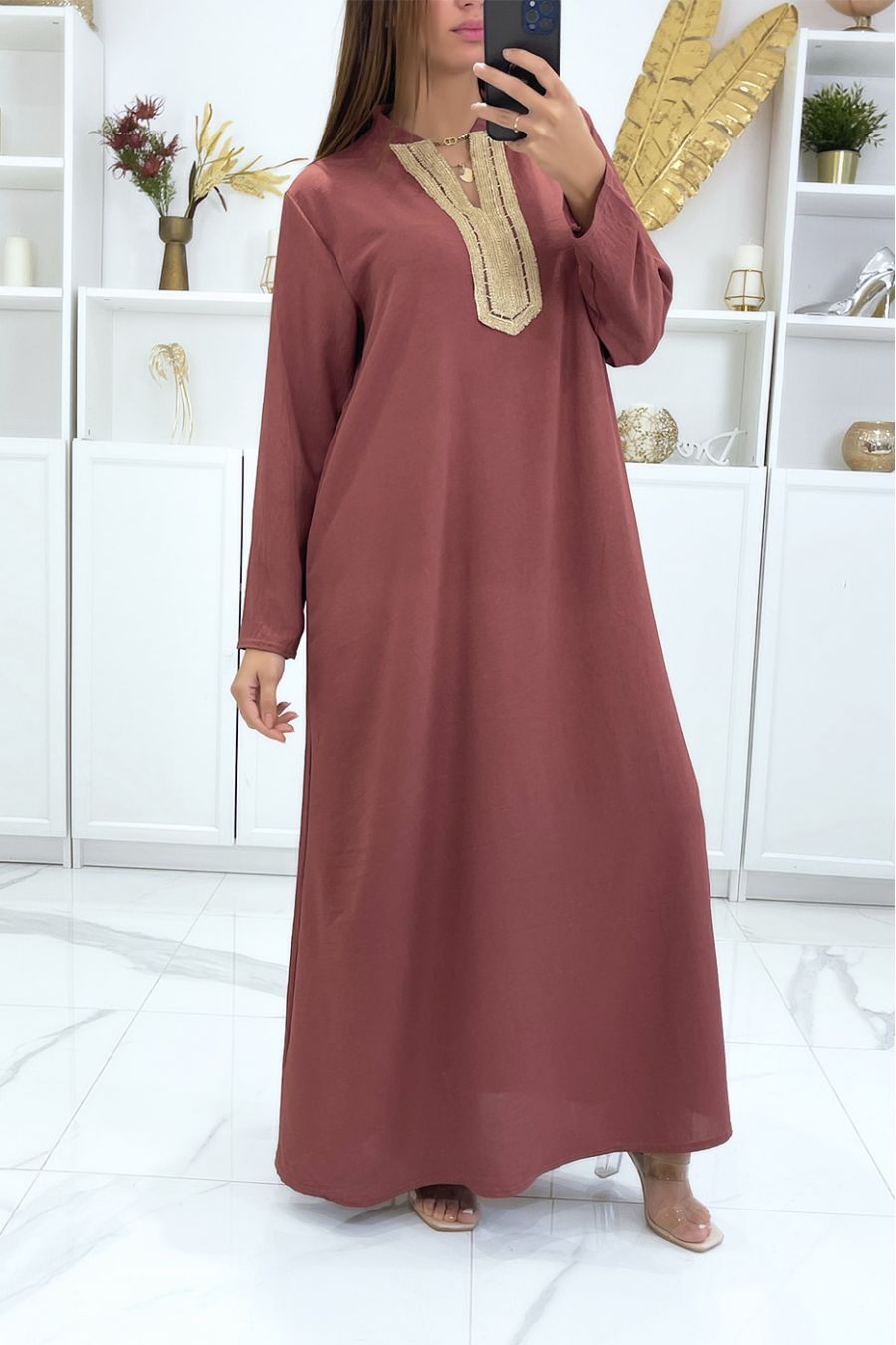 Long dark pink abaya with long sleeves and golden embroidery on the collar - 2