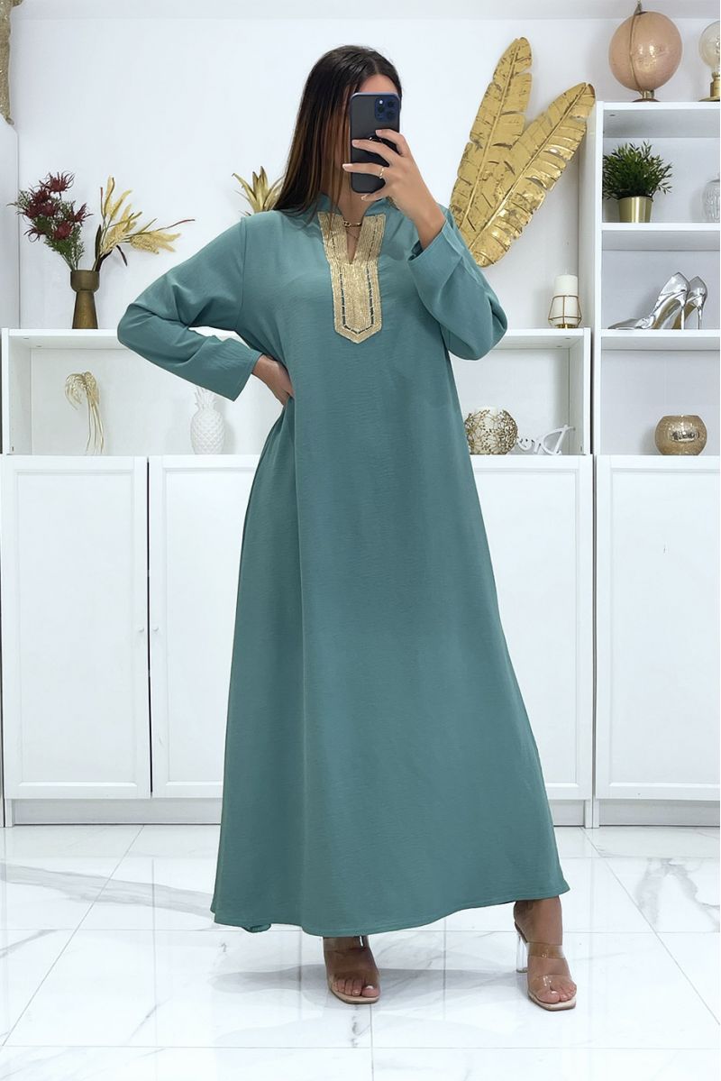 Long water green abaya with long sleeves and golden embroidery on the collar - 2