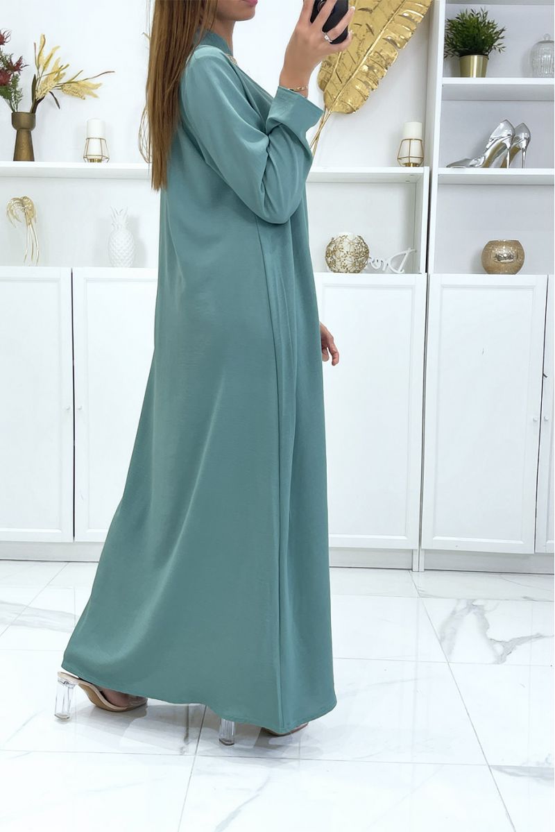 Long water green abaya with long sleeves and golden embroidery on the collar - 3