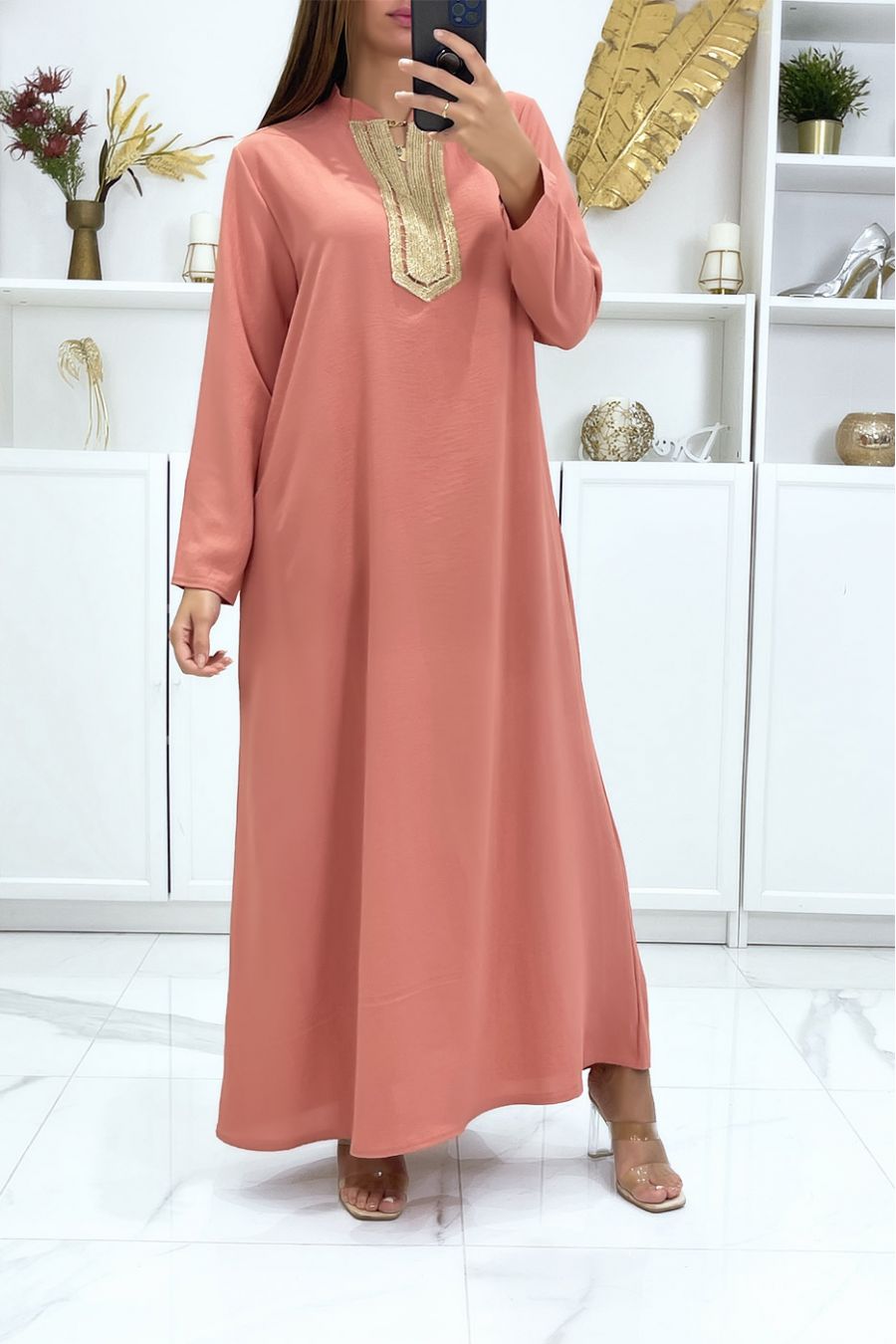 Long pink abaya with long sleeves and golden embroidery on the collar - 1