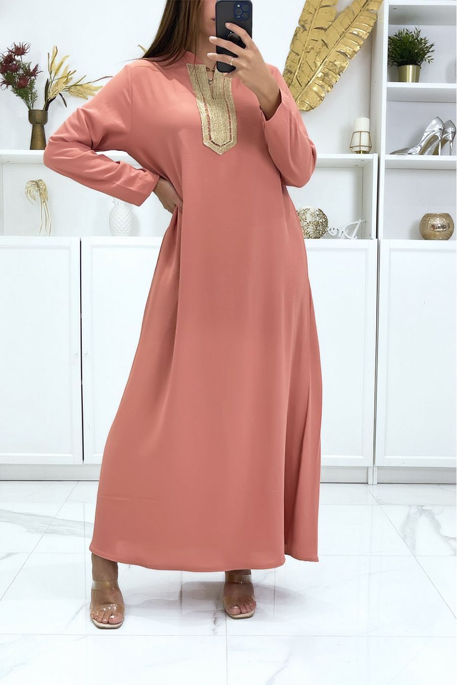 Long pink abaya with long sleeves and golden embroidery on the collar - 2
