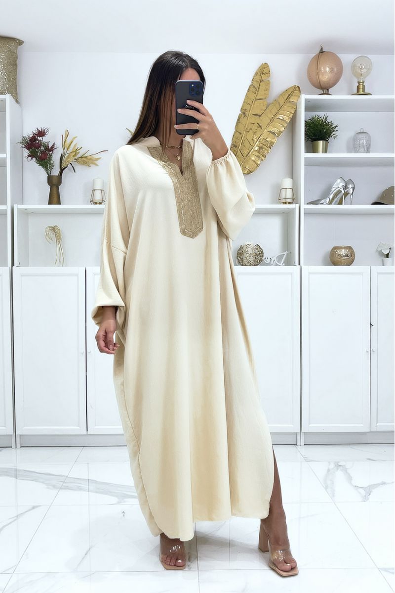 Large size beige abaya with puffed sleeves and gold embroidery on the collar - 2 Large size beige abaya with puffed sleeves and gold embroidery on the collar - 2