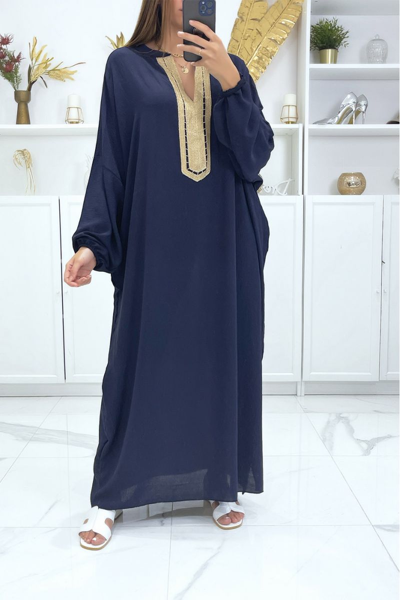 Large size navy abaya with puffed sleeves and gold embroidery on the collar - 1