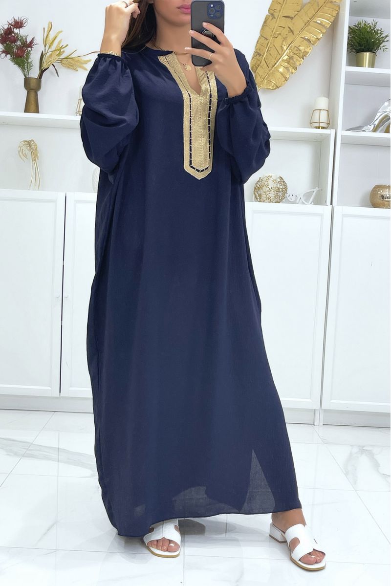 Large size navy abaya with puffed sleeves and gold embroidery on the collar - 2