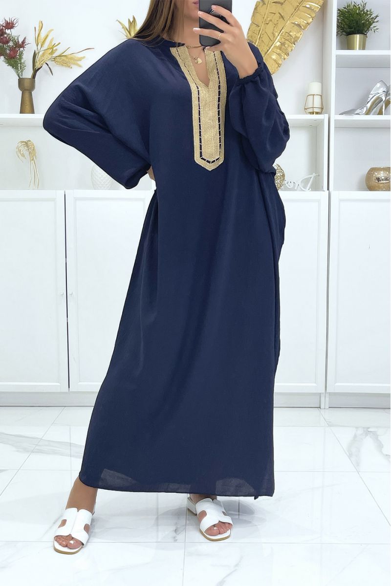 Large size navy abaya with puffed sleeves and gold embroidery on the collar - 3