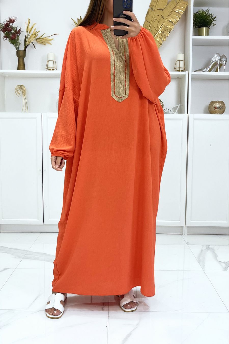 Plus size coral abaya with puffed sleeves and gold embroidery on the collar - 1
