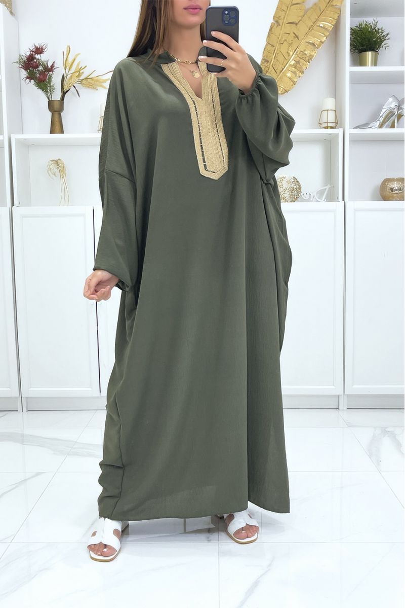Plus size khaki abaya with puffed sleeves and gold embroidery on the collar - 1 Plus size khaki abaya with puffed sleeves and gold embroidery on the collar - 1