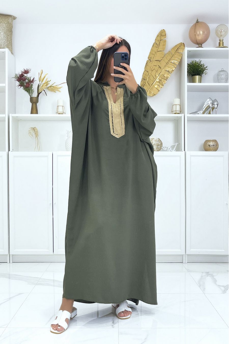 Plus size khaki abaya with puffed sleeves and gold embroidery on the collar - 2