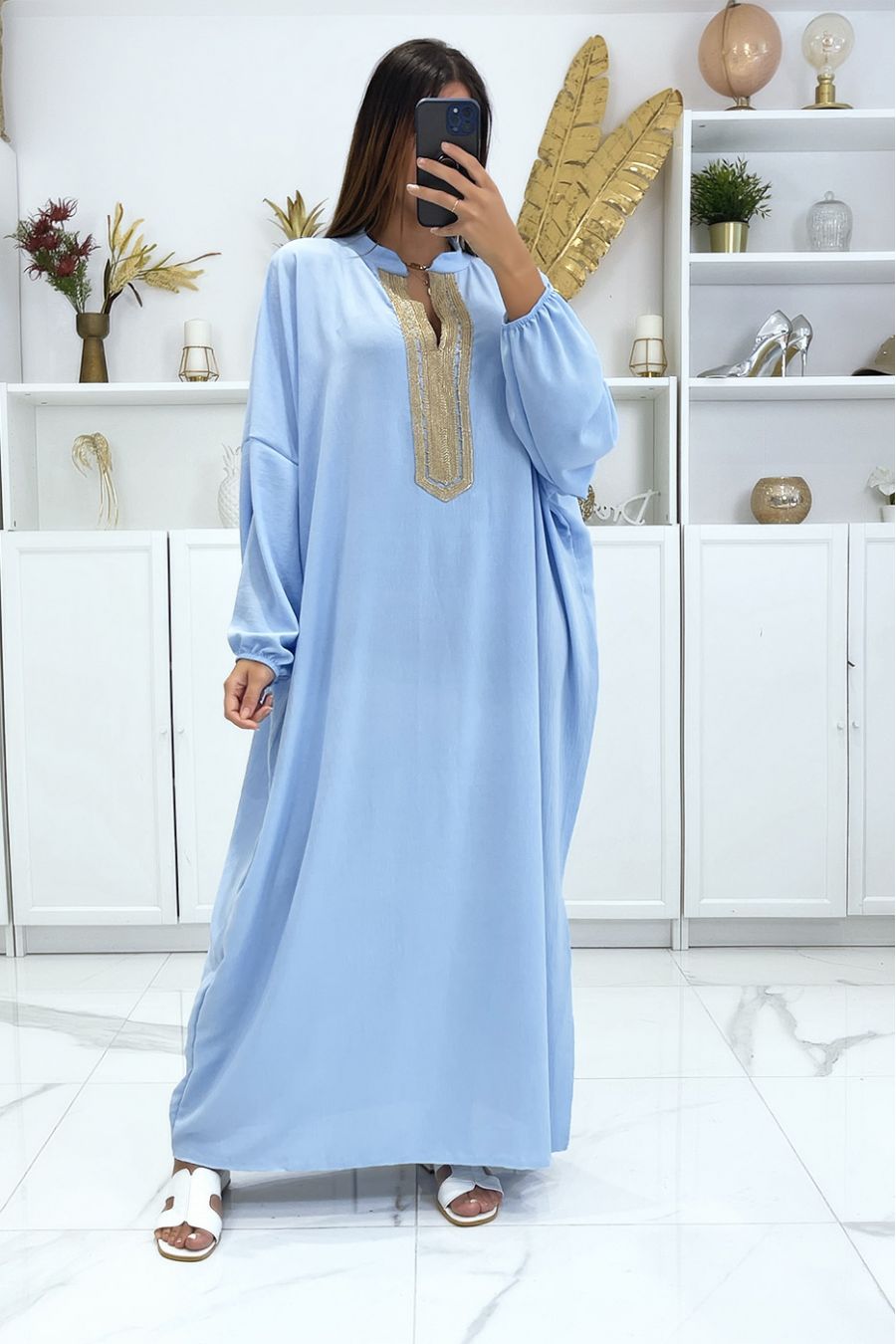 Plus size turquoise abaya met pofmouwen en gouden borduursel op de kraag - 1