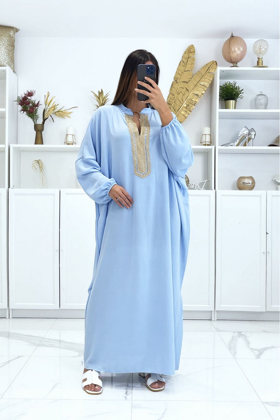 Plus size turquoise abaya with puffed sleeves and gold embroidery on the collar - 2