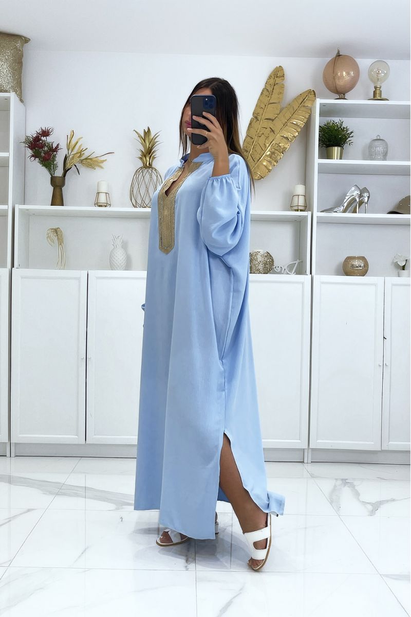 Plus size turquoise abaya with puffed sleeves and gold embroidery on the collar - 3 Plus size turquoise abaya with puffed sleeves and gold embroidery on the collar - 3