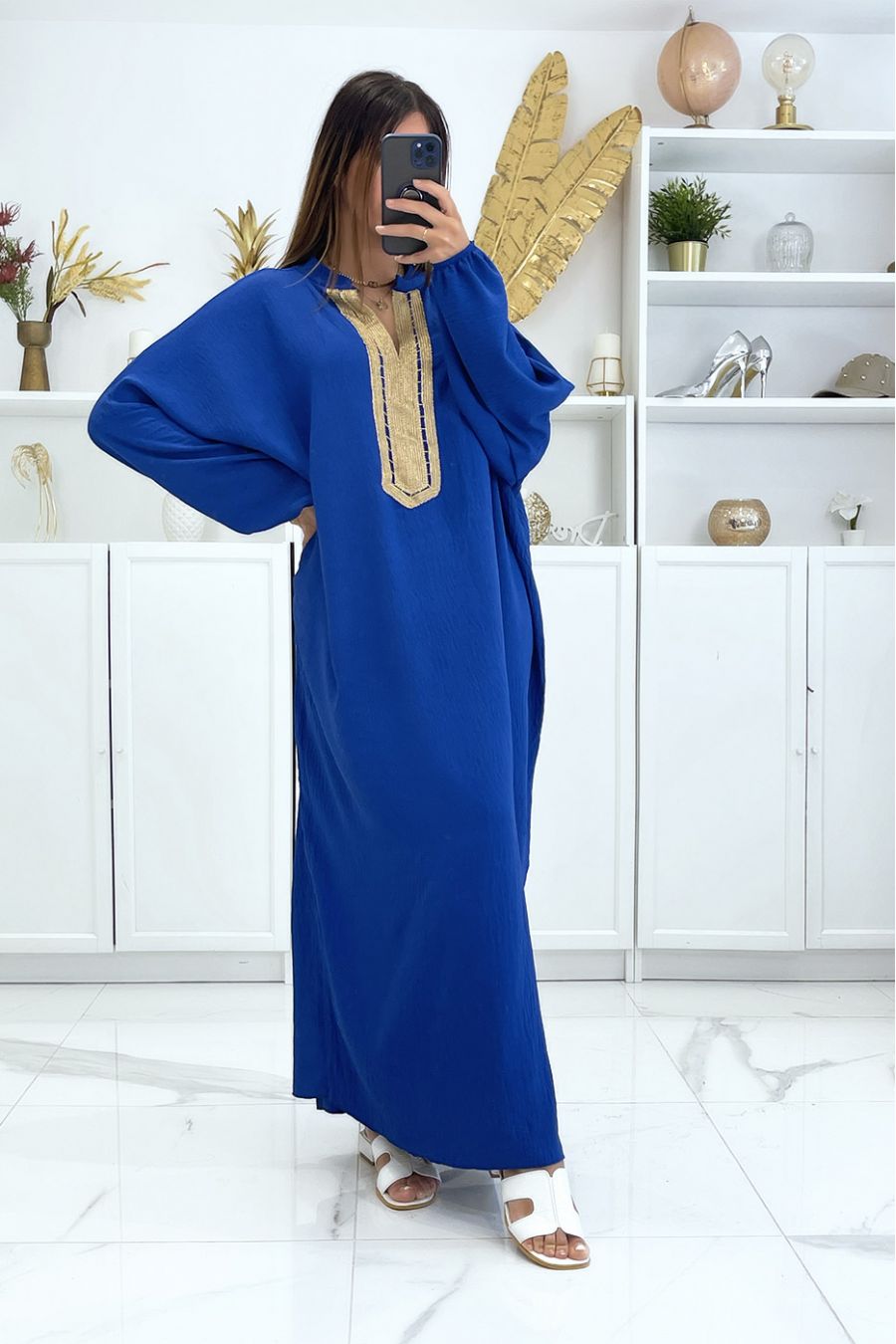 Large royal blue abaya with puffed sleeves and gold embroidery on the collar - 2
