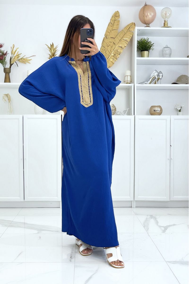 Large royal blue abaya with puffed sleeves and gold embroidery on the collar - 2