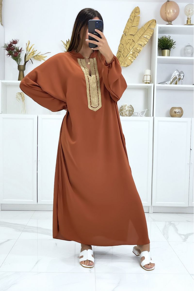 Plus size cognac abaya with puffed sleeves and gold embroidery on the collar - 2