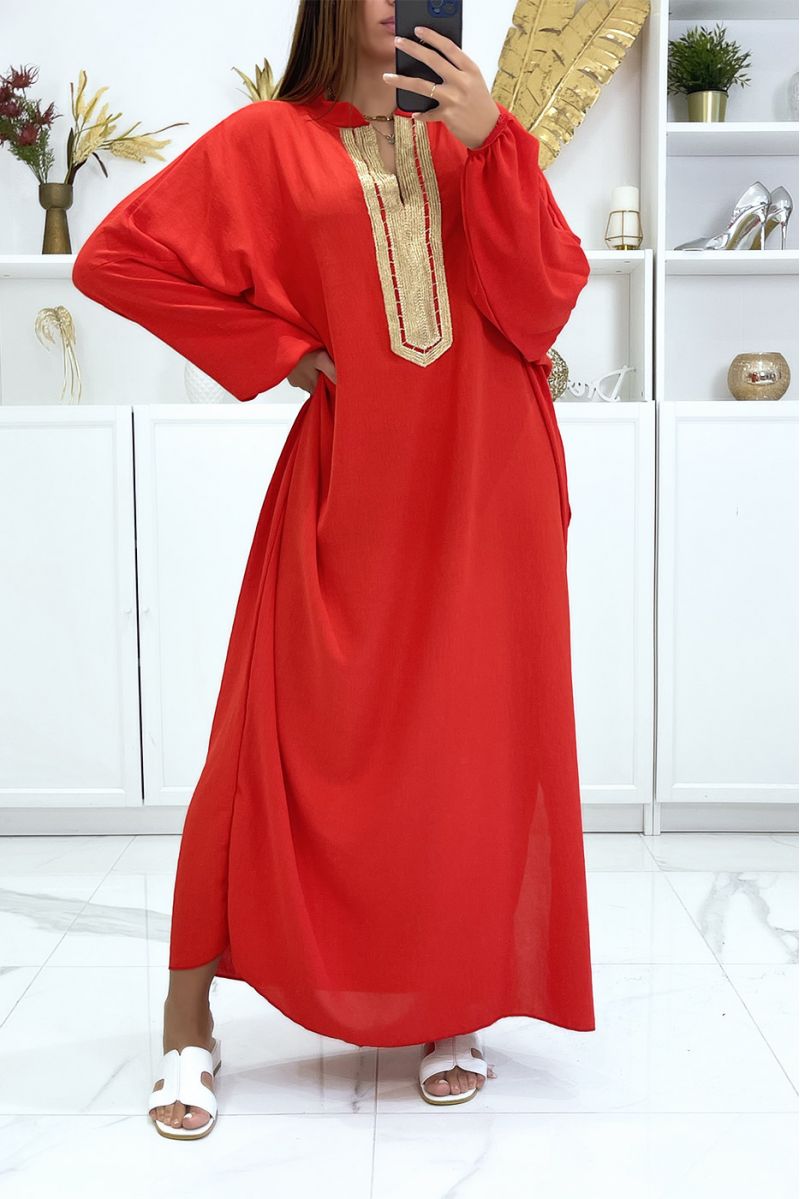 Large size red abaya with puffed sleeves and gold embroidery on the collar - 3