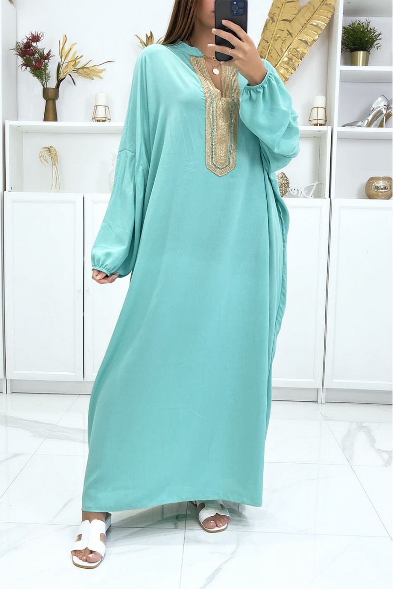 Abaya large size water green with puffed sleeves and gold embroidery on the collar - 1