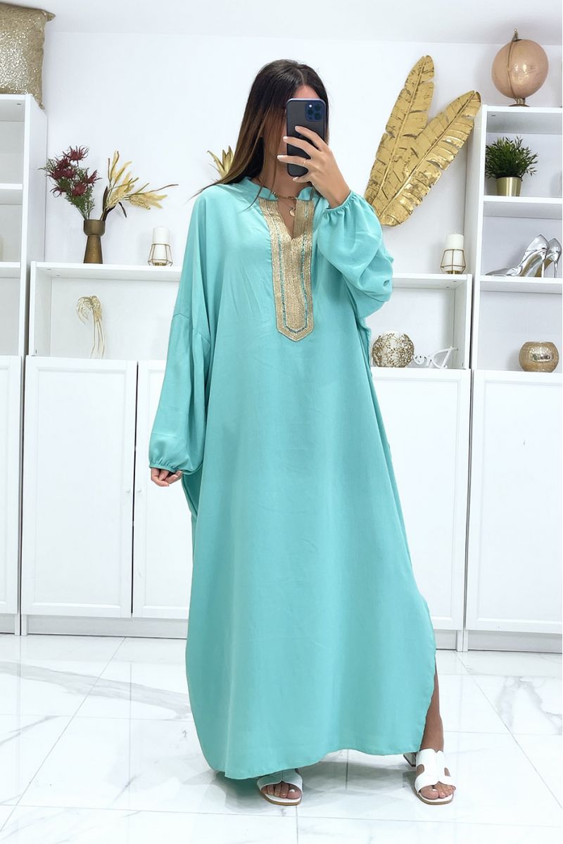Abaya large size water green with puffed sleeves and gold embroidery on the collar - 2
