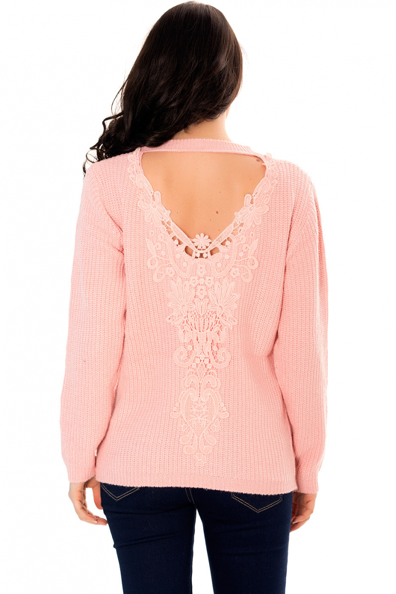 Pull tricot Rose avec un ravissant dos à crochet à col V très fashion. 2711. - 6